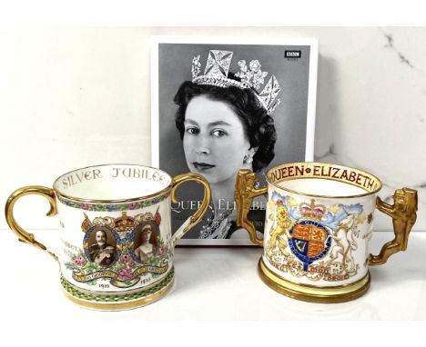 An Elizabeth II Coronation commemorative loving cup, manufactured by Paragon and numbered 299, 12 cm, and another George V an