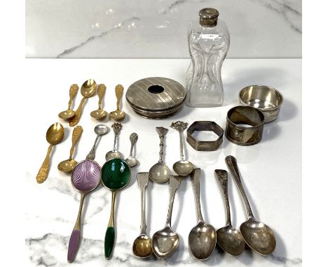 A quantity of silver flatware and small silver silver including a napkin ring, two enamelled Danish spoons, and other items, 