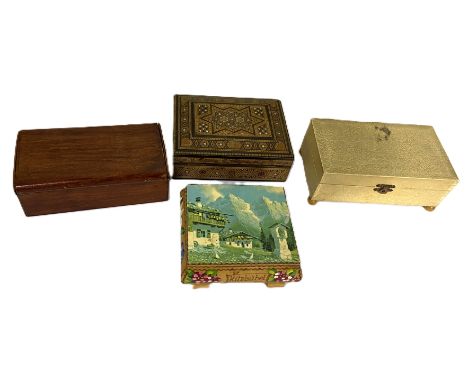 A collection of boxes, to include: early 19th c. painted snuff box, inlaid boxes, lacquer,&nbsp; also a gilt stand, (A Lot).