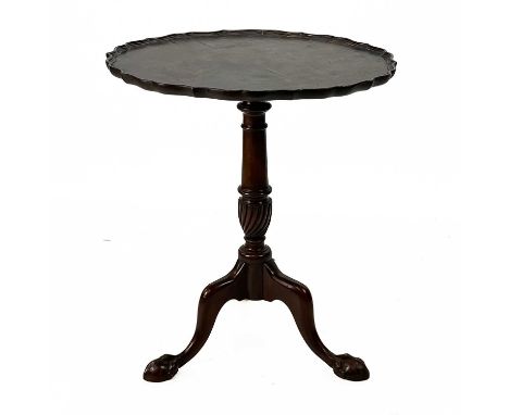 A George III style burr elm pie crust tripod wine table. 19th century, raised on a mahogany wrythen turned pillar and carved 