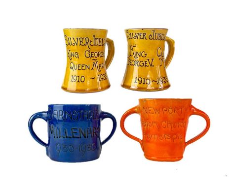 Two H Brannam Barnstaple pottery commemorative cups. Silver Jubilee King George V. Queen Mary 1910-1935, height 9.5cm, togeth