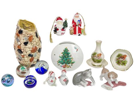 A Belleek porcelain Santa bauble. Together with an Aynsley porcelain Santa bauble, two Nao porcelain snowmen baubles, two Nao