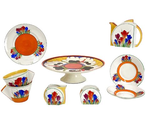 A Wedgwood for Bradford Exchange Limited Edition Clarice Cliff Crocus tea for two. Comprising: Teapot and cover, milk jug, su