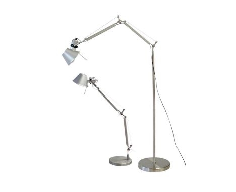 A Brushed steel finish adjustable angle standard lamp.  Height 185cm, together with a matching side lamp 90cm high (2).  Moll