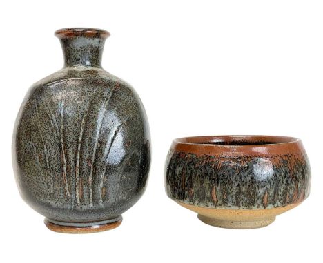 John Leach (1939-2021). Muchelney Pottery, a stoneware vase, height 16cm together with a John Leach bowl, both with impressed