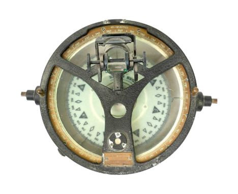 A Kelvin Hughes gimble compass with azimuth circle. With brass scale and black lacquered body, Type No 72935, and No L.S. 185