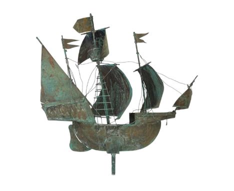 A copper galleon weather vane mount. Early 20th century, the three masted ship with verdigris patination, height 70cm.The shi