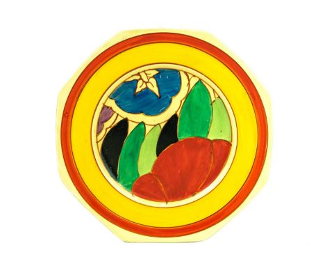 A Clarice Cliff Fantasque Gardenia pattern octagonal plate.  Circa 1930, printed Wilkinson mark, diameter 22cm.  Mollie & Gra