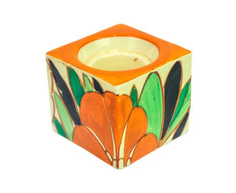 A Clarice Cliff Fantasque Gardenia pattern inkwell.  Circa 1932, of cube form, shape number 458, printed Newport Pottery mark