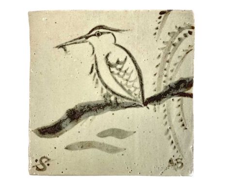 A Leach Pottery tile. Decorated with a kingfisher with prey perched on a branch, Leach Pottery mark and A B initials, 14cm.