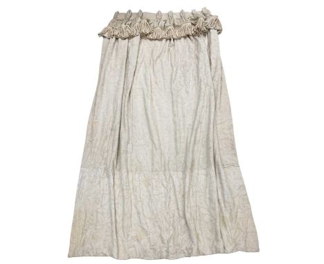 A pair of interlined cream crewelwork curtains  On a thick, cream linen ground, with cream rope fringing decoration Length: 3