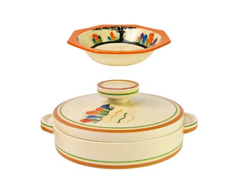 A Clarice Cliff Awakening Crocus pattern octagonal dish. Bizarre Newport Pottery marks, width 14cm, together with a Clarice C