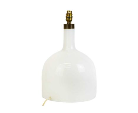A Holmegaard opaque glass table lamp. designed by Michael Bang, the white ground with a purple teardrop design, height 38cm.