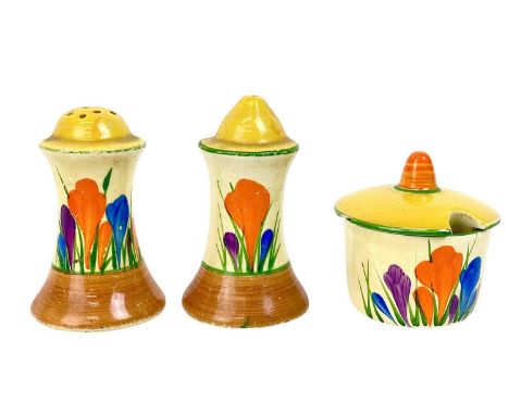 A Clarice Cliff Crocus pattern muffineer cruet set. Together with an EPNS coffee spoon set and case.