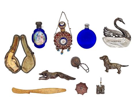 A gilt metal scent flask. With enamel roundels and glass beads, height 7cm together with two other scent flasks, a Continenta