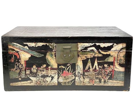 A Chinese black lacquered and painted wood trunk. 20th century, height 32cm, width 72cm, depth 41cm.We believe this to be 19t