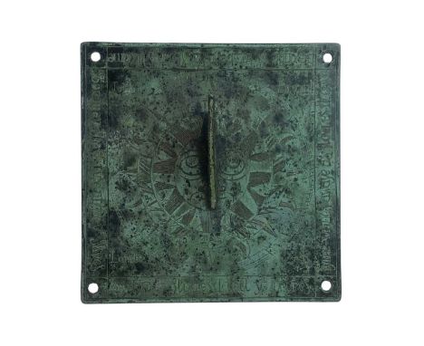 A square bronze sundial. The pierced gnomon in the form of a dolphin with inscription around the border, John Bryant London F