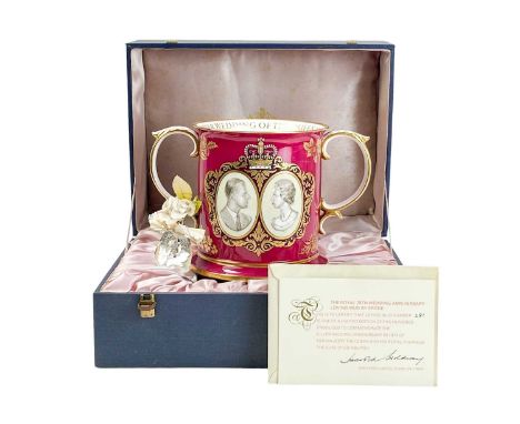 A Spode silver wedding commemorative loving cup. Limited edition in box.
