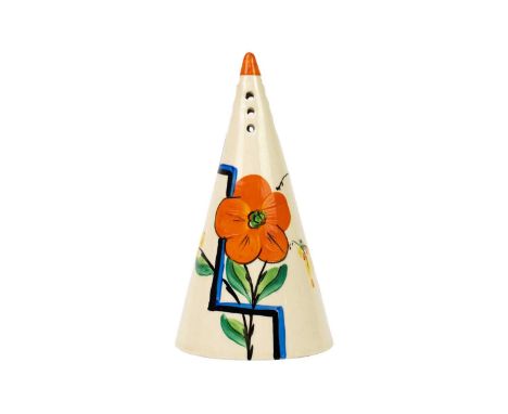 A Dolly Cliff (sister of Clarice) Leonora pattern a Honeyglaze series sugar sifter. Wilkinson Ltd mark, height 14cm.