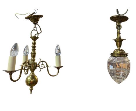 A three branch Dutch style brass electrolier. Height 35cm, together with a small brass hanging lamp, with moulded glass shade