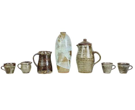 A Leach standard ware part coffee service.  Comprising; pot and cover, jug, sugar bowl, three cups and six saucers, together 