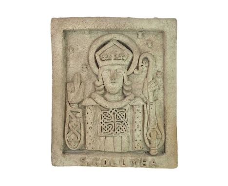 An unglazed ceramic plaque. Titled S. Columba, 28X23cm.