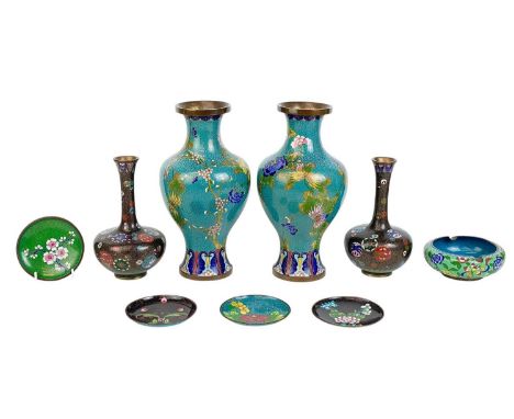 Two pairs of Chinese cloisonne enamel vases. 20th century, the largest height 26.5cm, together with four small dishes, and an