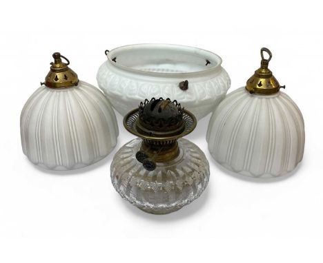 A pair of opaque glass lampshades. With brass pendants, circa 1930s, height 23cm, together with an opaque glass plaffonier, a