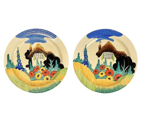 Two Clarice Cliff Tralee pattern ribbed plates. Bizarre Wilkinson Ltd marks, diameter 25cm. (2)