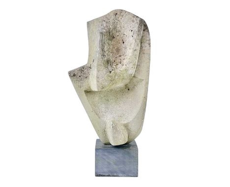 Modern British School, Abstract sandstone sculpture.  Late 20th century, height 45.5cm, on a slate plinth, overall height 56c