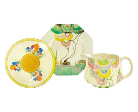 A Clarice Cliff Viscaria pattern octagonal plate. Printed Bizarre and Royal Stafford Honeyglaze mark, 24cm, together with a s