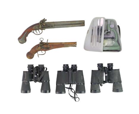 A pair of Zenith 10 x 50 Field 5° binoculars. Together with two other pairs of binoculars, two reproduction flintlocks and a 