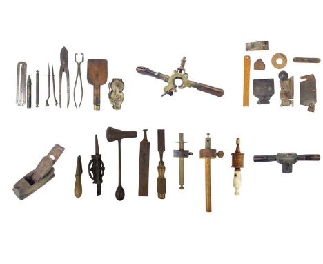 A collection of various tools. Including a Stanley 98 Side Rabbet Plane, a treen lead dressing hammer, a lead dressing wedge,