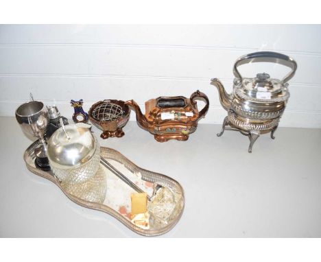 Mixed Lot: Silver plated spirit kettle, silver plated serving tray, copper lustre teapot and sugar basin, hip flask and other