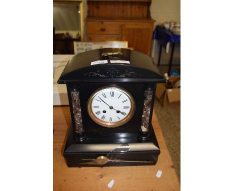 Large Victorian black slate and marble mounted mantel clock set in a pillared architectural type case