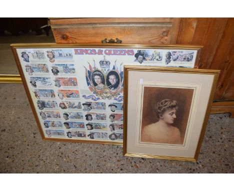 Coloured print, Kings &amp; Queen of England together with Robert Morrison head and shoulders portrait of a lady, framed and 