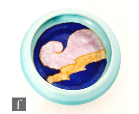 Clarice Cliff - Inspiration - A small circular pin dish with roll rim decorated to the central well with a scroll and line de