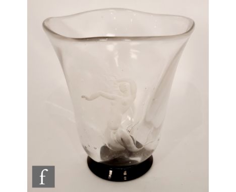 Vicke Lindstrand - Orrefors - A 1930s glass vase with wave rim and applied black foot, engraved with a mermaid amidst bubbles