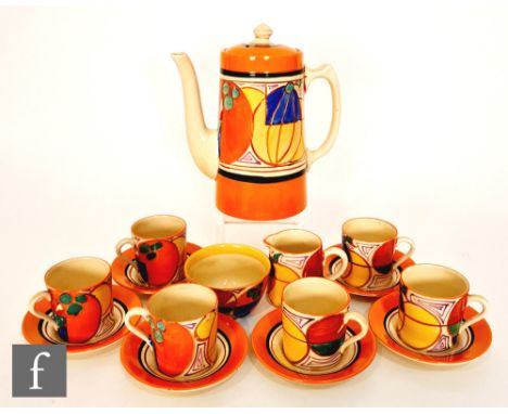 Clarice Cliff - Melon - A Tankard shape coffee service circa 1930, comprising coffee pot, cream, sugar, and six cups and sauc