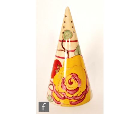 Clarice Cliff - Damask Rose - A conical shape sugar sifter circa 1933, hand painted with a stylised flowering bough over fine