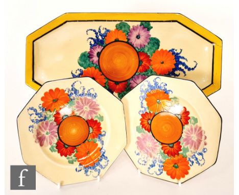 Clarice Cliff - Gay Day - A part sandwich set circa 1931, comprising shape 334 sandwich tray and two octagonal side plates al