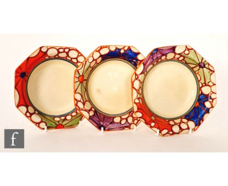 Clarice Cliff - Broth - A set of three octagonal fruit bowls circa 1929, hand painted with a band of stylised sunbursts and c