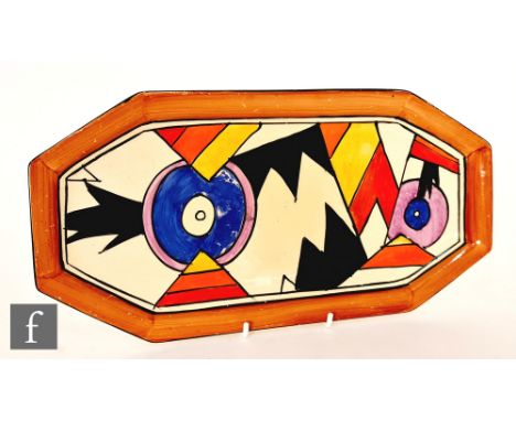 Clarice Cliff - Lightening - A shape 334 sandwich tray circa 1929, hand painted with a target and flash design with brown and