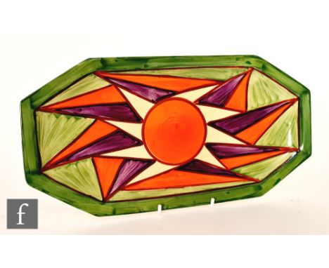 Clarice Cliff - Original Bizarre - A shape 334 sandwich tray circa 1928, radially hand painted with a cartwheel design of pur