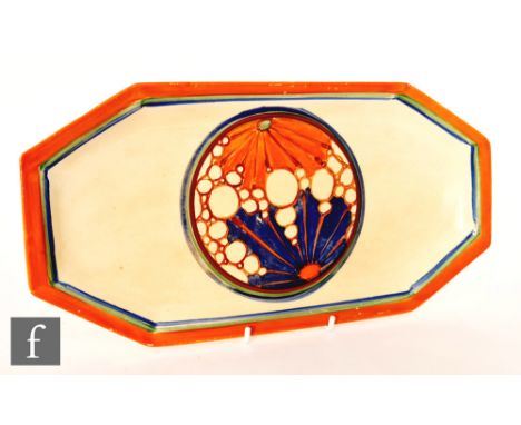 Clarice Cliff - Broth - A shape 334 sandwich tray circa 1929, hand painted with a central roundel of starburst and circles wi