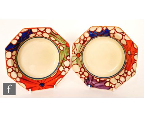 Clarice Cliff - Broth - A pair of octagonal fruit bowls circa 1929, hand painted with a band of stylised sunbursts and circle