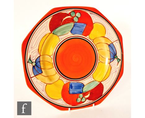 Clarice Cliff - Melon - An octagonal plate circa 1933, hand painted with a band of stylised abstract fruit with orange and bl