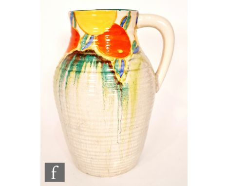 Clarice Cliff - Delecia Citrus - A single handled Lotus jug circa 1932, hand painted with a band of stylised fruit and foliag