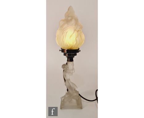 Unknown -  A 1930s pressed glass table lamp modelled as a kneeling female holding chrome stepped mount below a pressed glass 