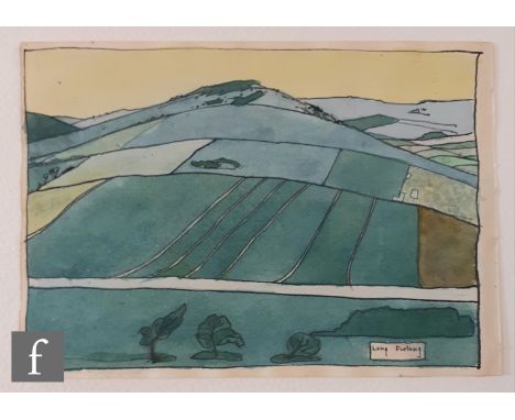 Albert Wainwright (1898-1943) - Long Furlong, a pen, ink and watercolour of a landscape scene with a tapestry of various fiel